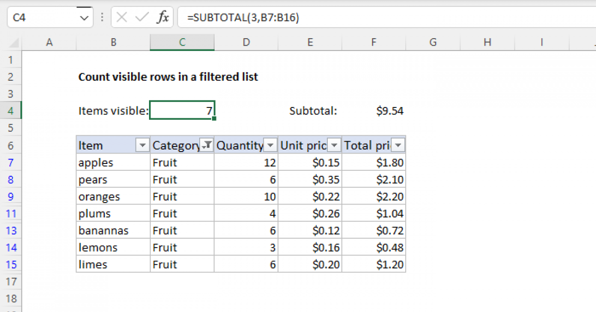 Count Visible Rows In A Filtered List Excel Formula Exceljet