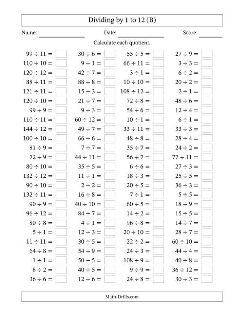 Division Facts To 144 No Zeros A Division Facts To 144 No Zeros A