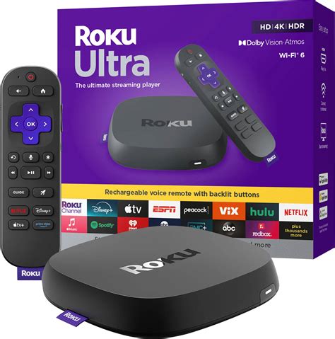 Roku Ultra 2024 4K Hdr10 Dolby Vision Atmos Streaming Device Rechargeable Backlit Voice Remote Pro Free Live Tv Black 4850R Best Buy