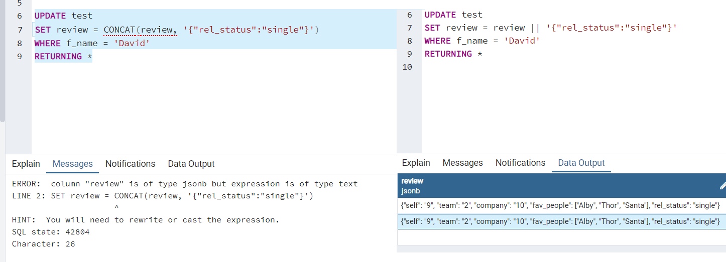 Why Does Concat Not Work With Jsonb But Pipe Works Fine R Postgresql